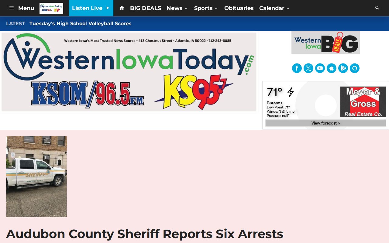 Audubon County weekly arrest log example from a multi-day regional report
